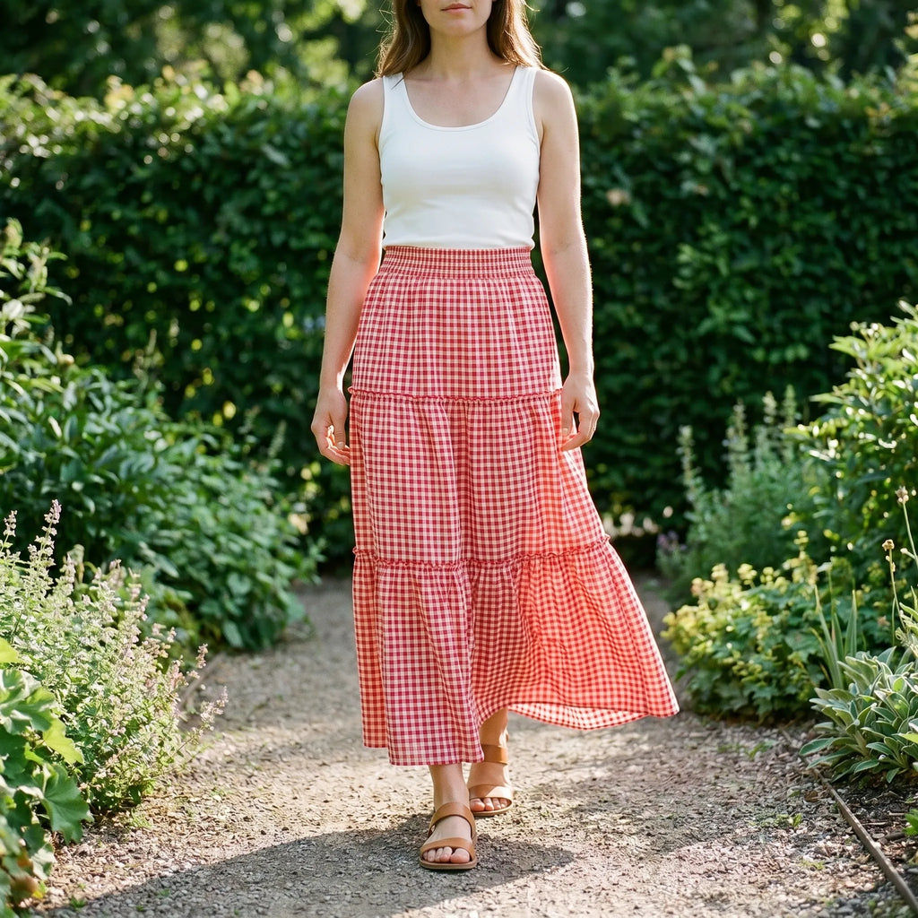 Tierella™ -  Tiered Gingham Maxi Skirt -  Warm Weather Outings