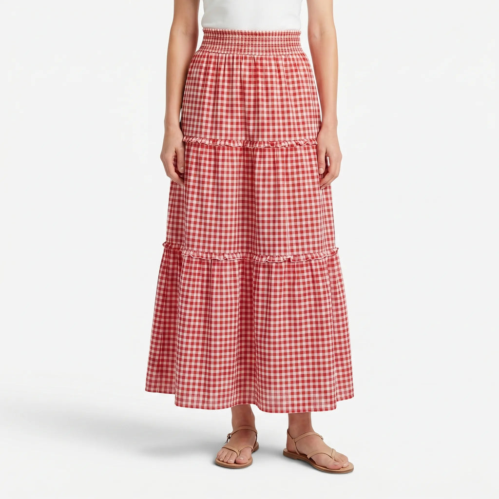 Tierella™ -  Tiered Gingham Maxi Skirt -  Warm Weather Outings