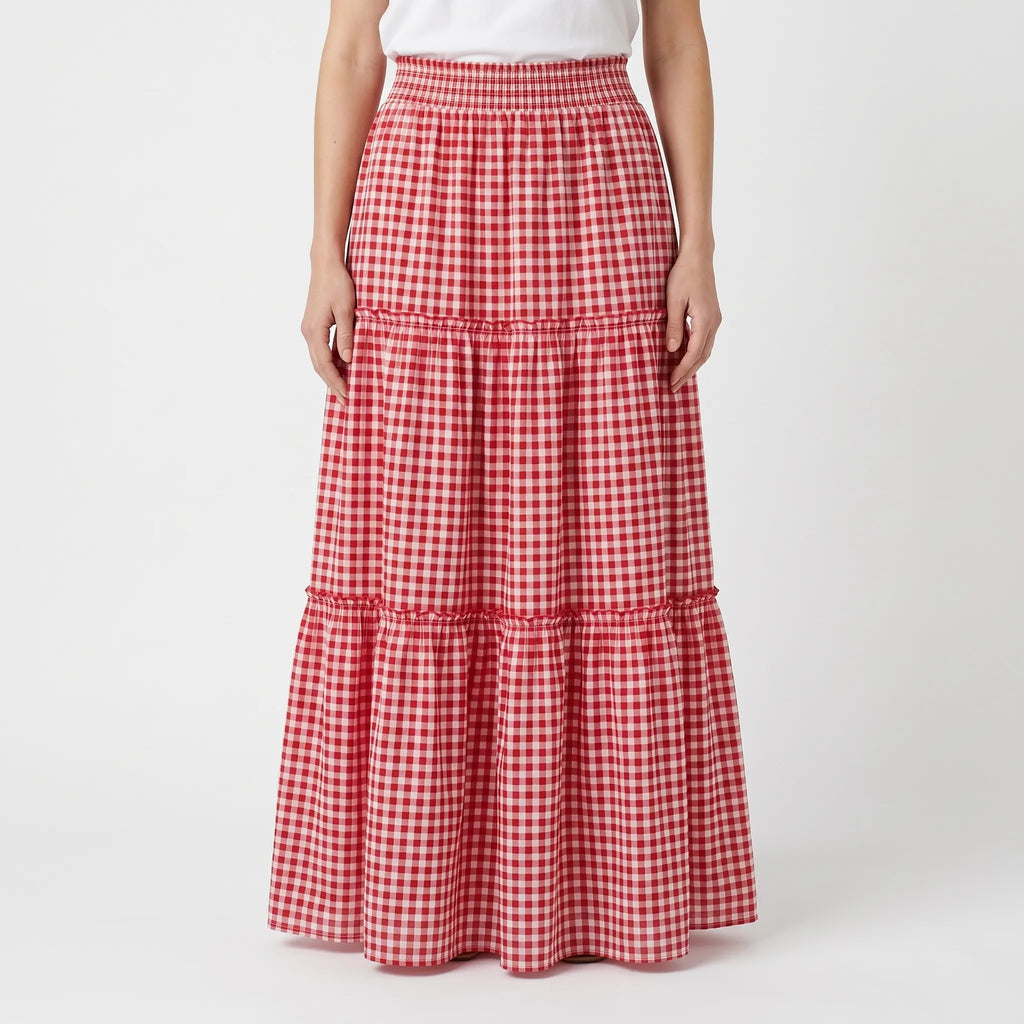 Tierella™ -  Tiered Gingham Maxi Skirt -  Warm Weather Outings