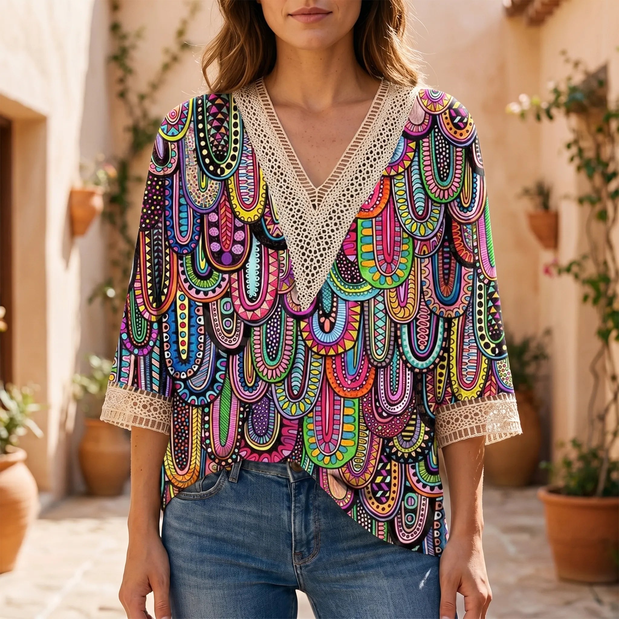 Vaylia™ -  Printed V-Neck Summer Blouse -  Daytime Socialising