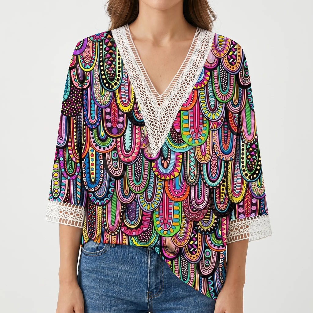Vaylia™ -  Printed V-Neck Summer Blouse -  Daytime Socialising