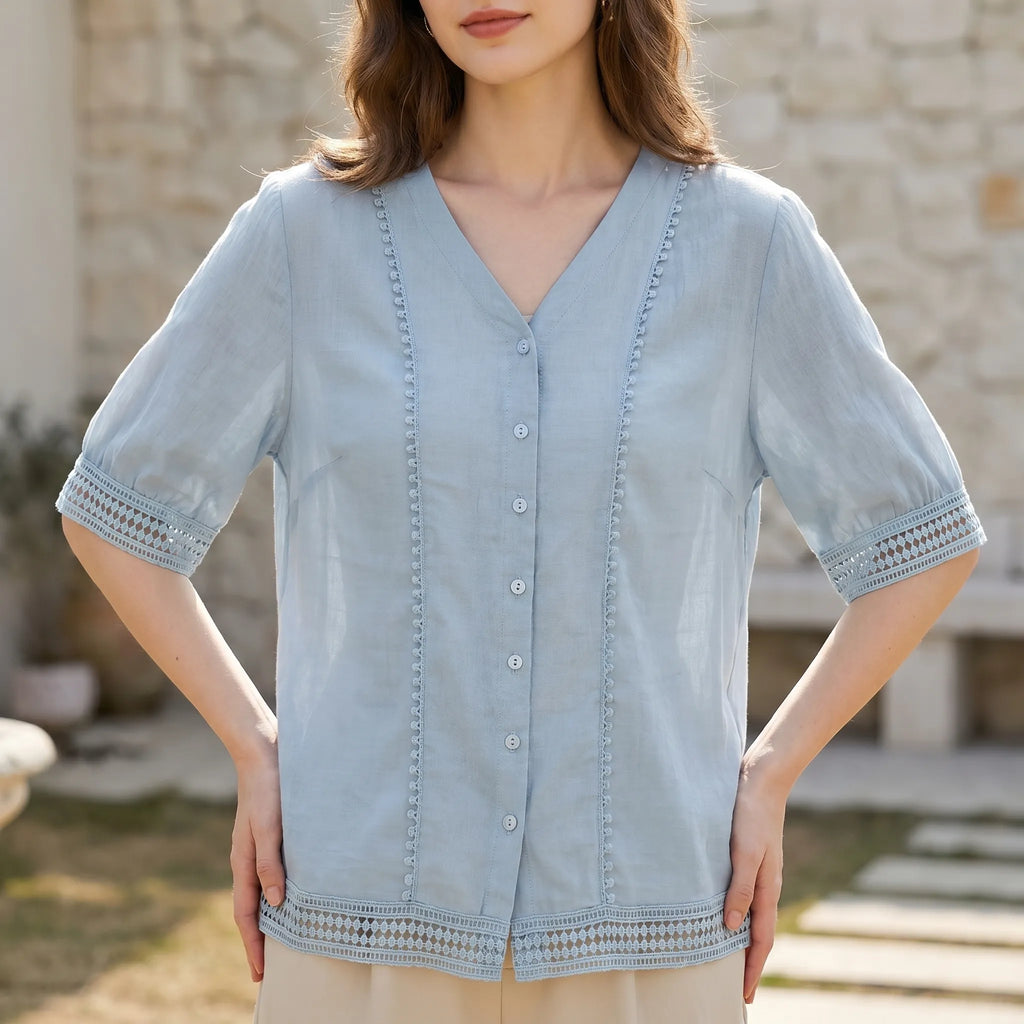 Vellora™ -  Short Sleeve Lace Trim Blouse -  Smart Casual Dressing