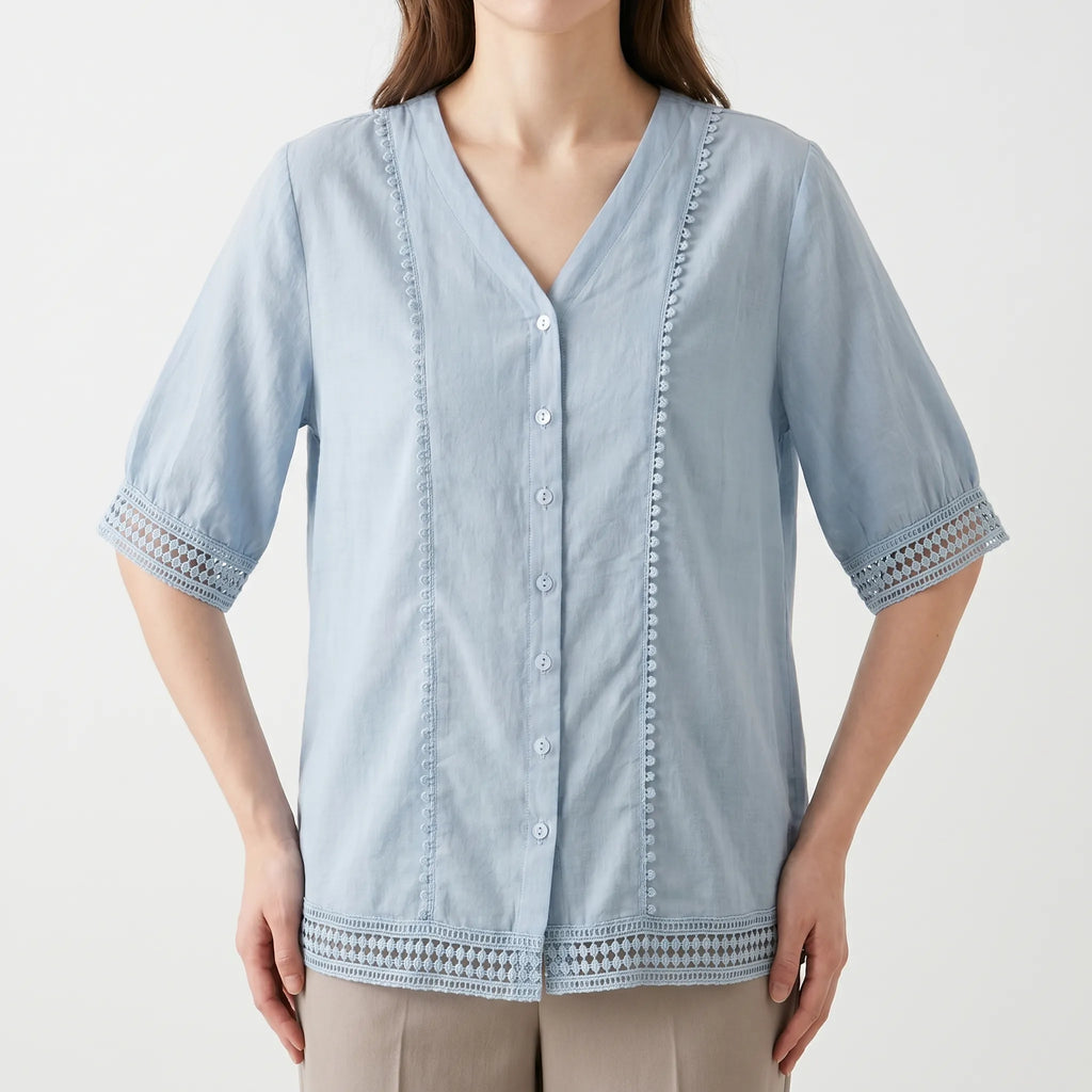 Vellora™ -  Short Sleeve Lace Trim Blouse -  Smart Casual Dressing