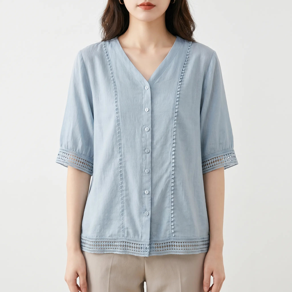 Vellora™ -  Short Sleeve Lace Trim Blouse -  Smart Casual Dressing