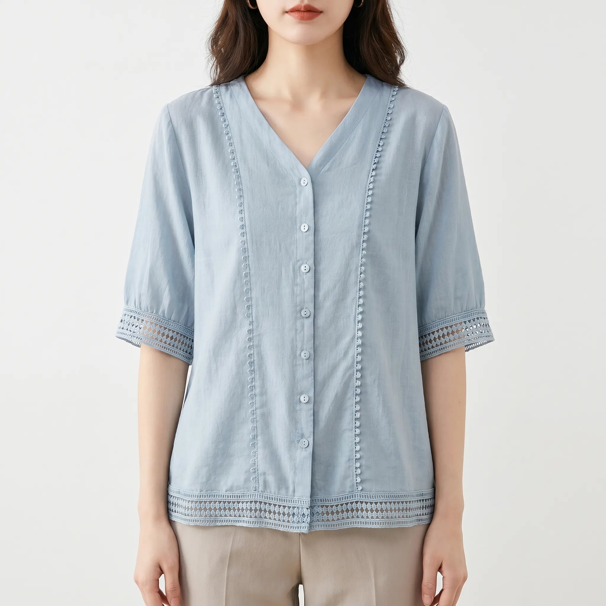 Vellora™ -  Short Sleeve Lace Trim Blouse -  Smart Casual Dressing