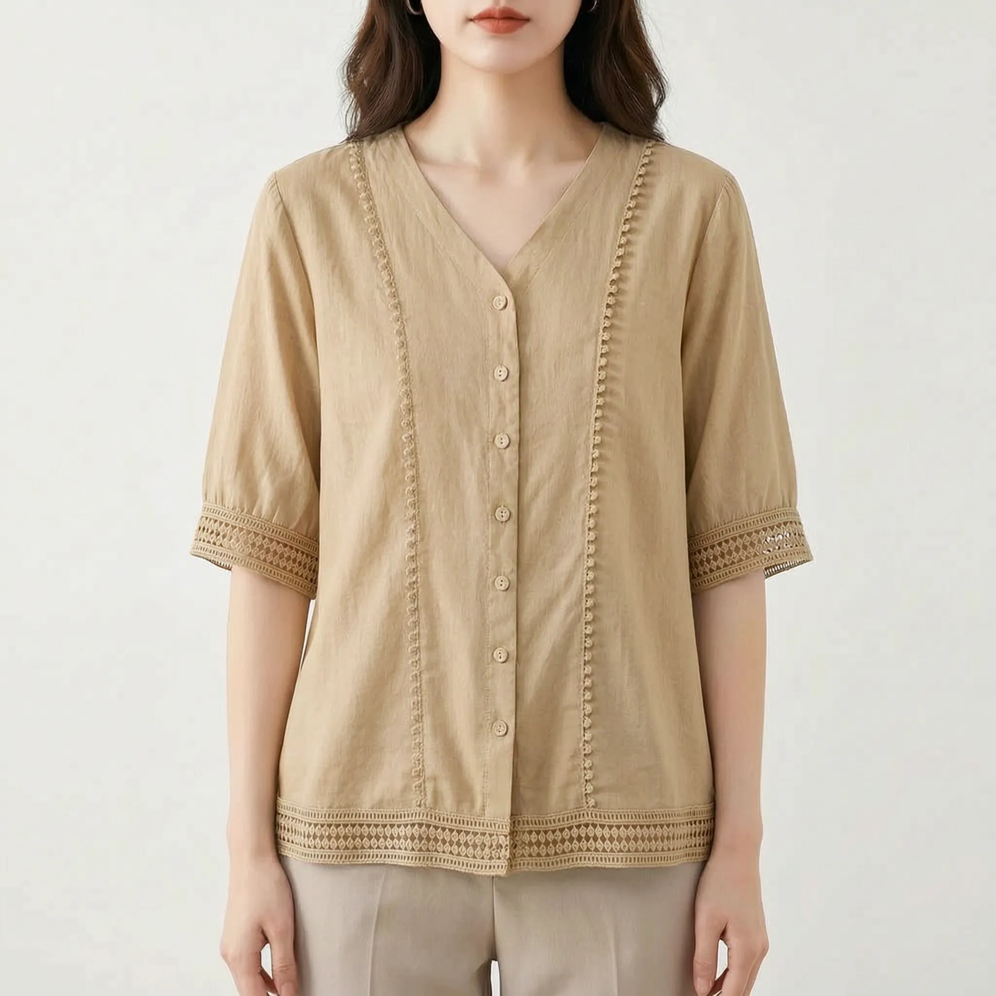 Vellora™ -  Short Sleeve Lace Trim Blouse -  Smart Casual Dressing