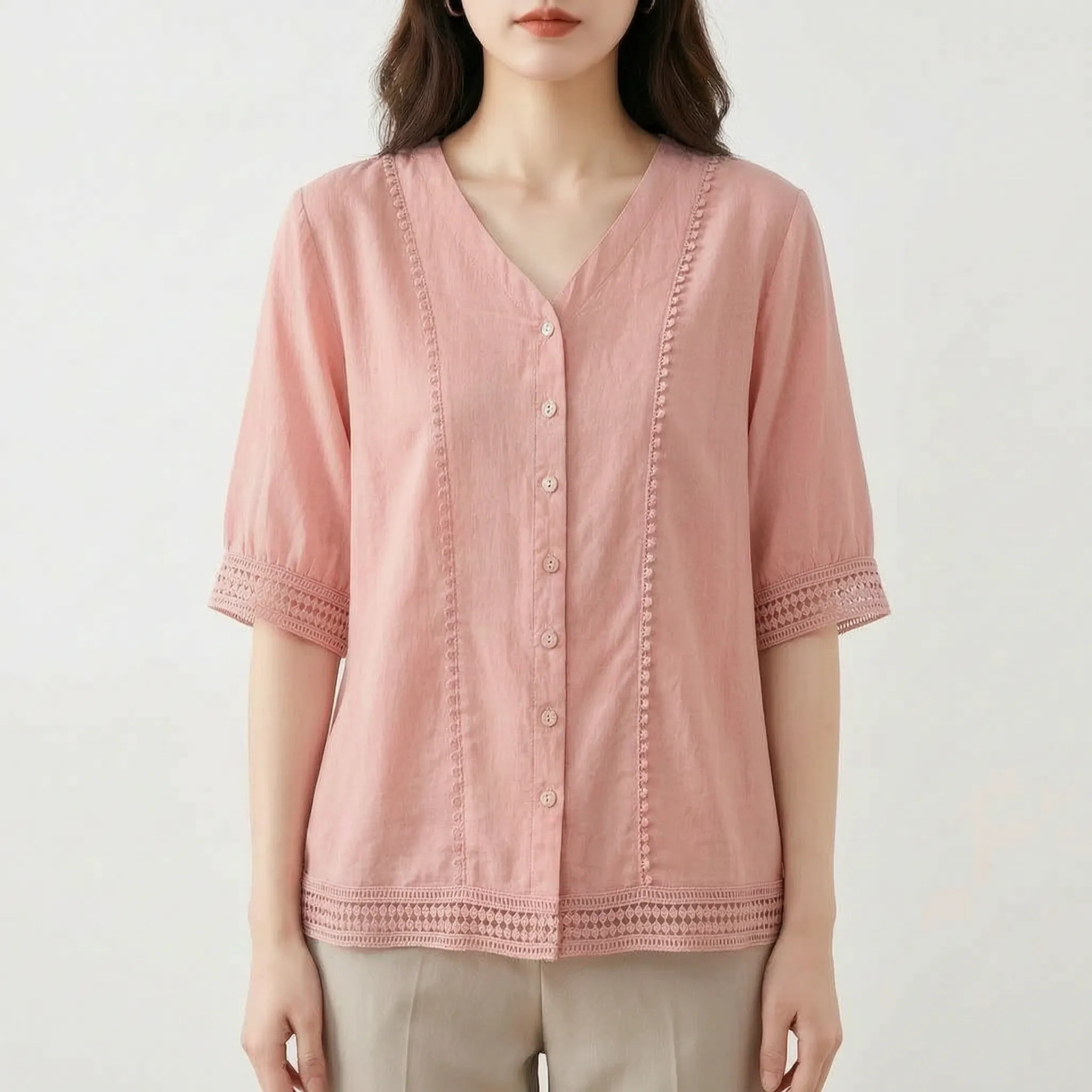 Vellora™ -  Short Sleeve Lace Trim Blouse -  Smart Casual Dressing