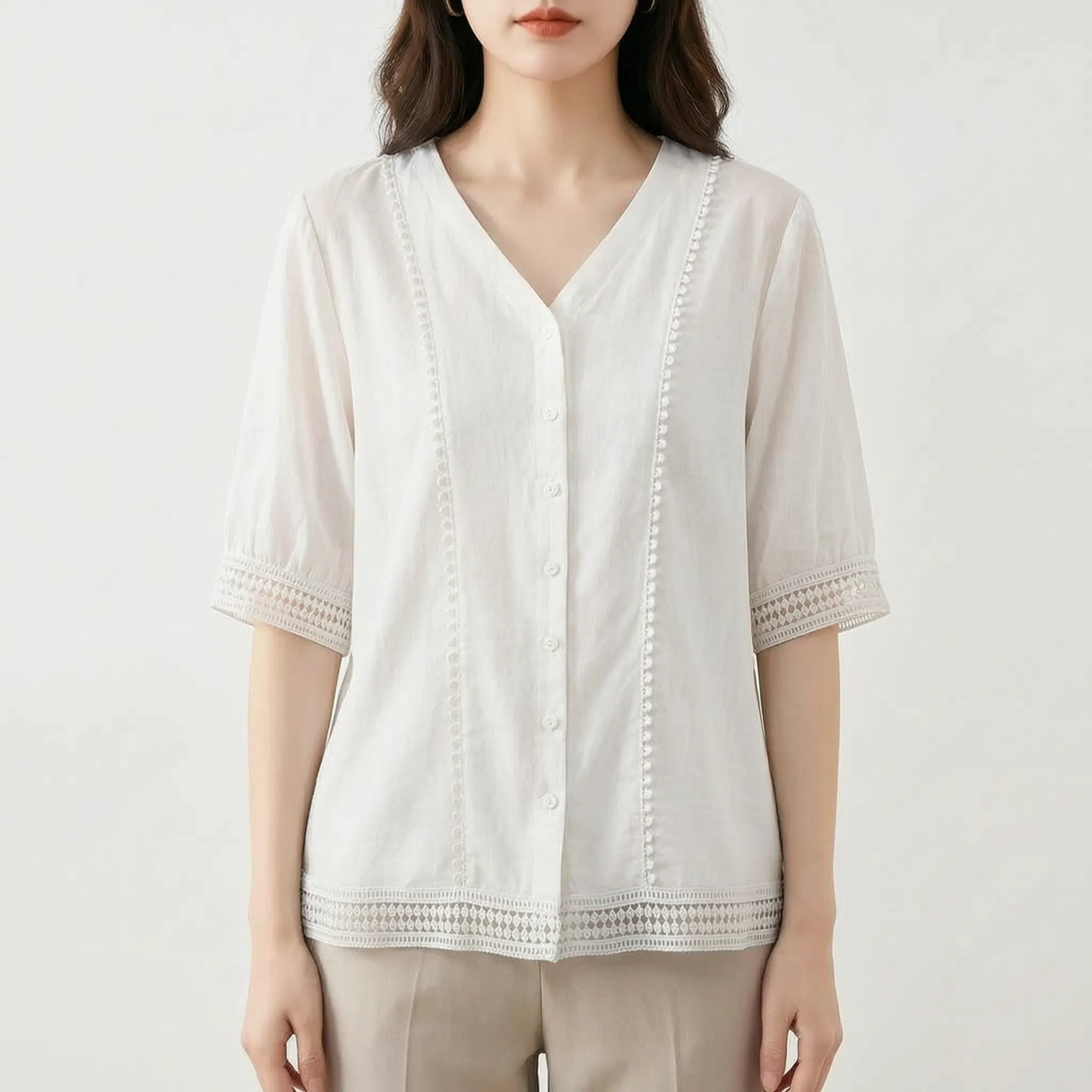 Vellora™ -  Short Sleeve Lace Trim Blouse -  Smart Casual Dressing