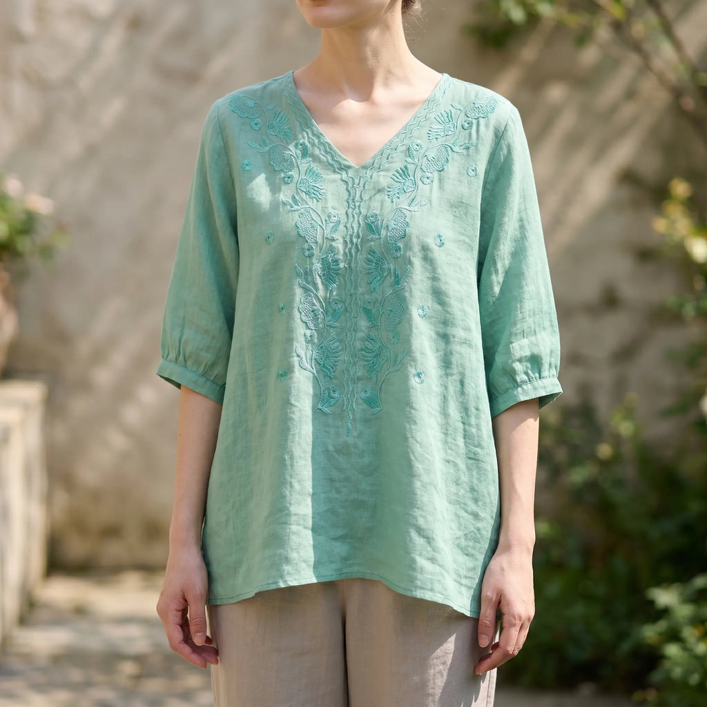 Verdine™ -  Embroidered V-Neck Blouse -  Weekend Casual Wear