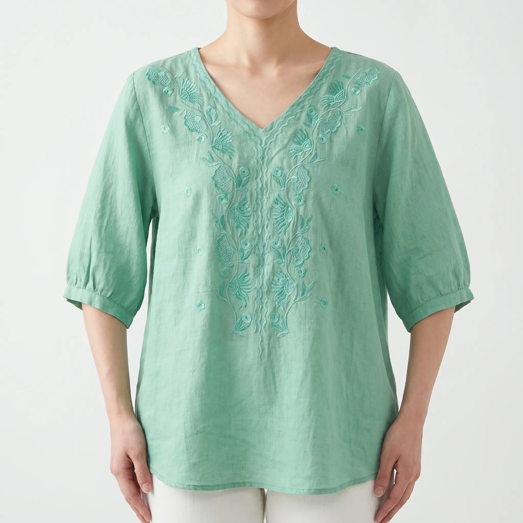 Verdine™ -  Embroidered V-Neck Blouse -  Weekend Casual Wear