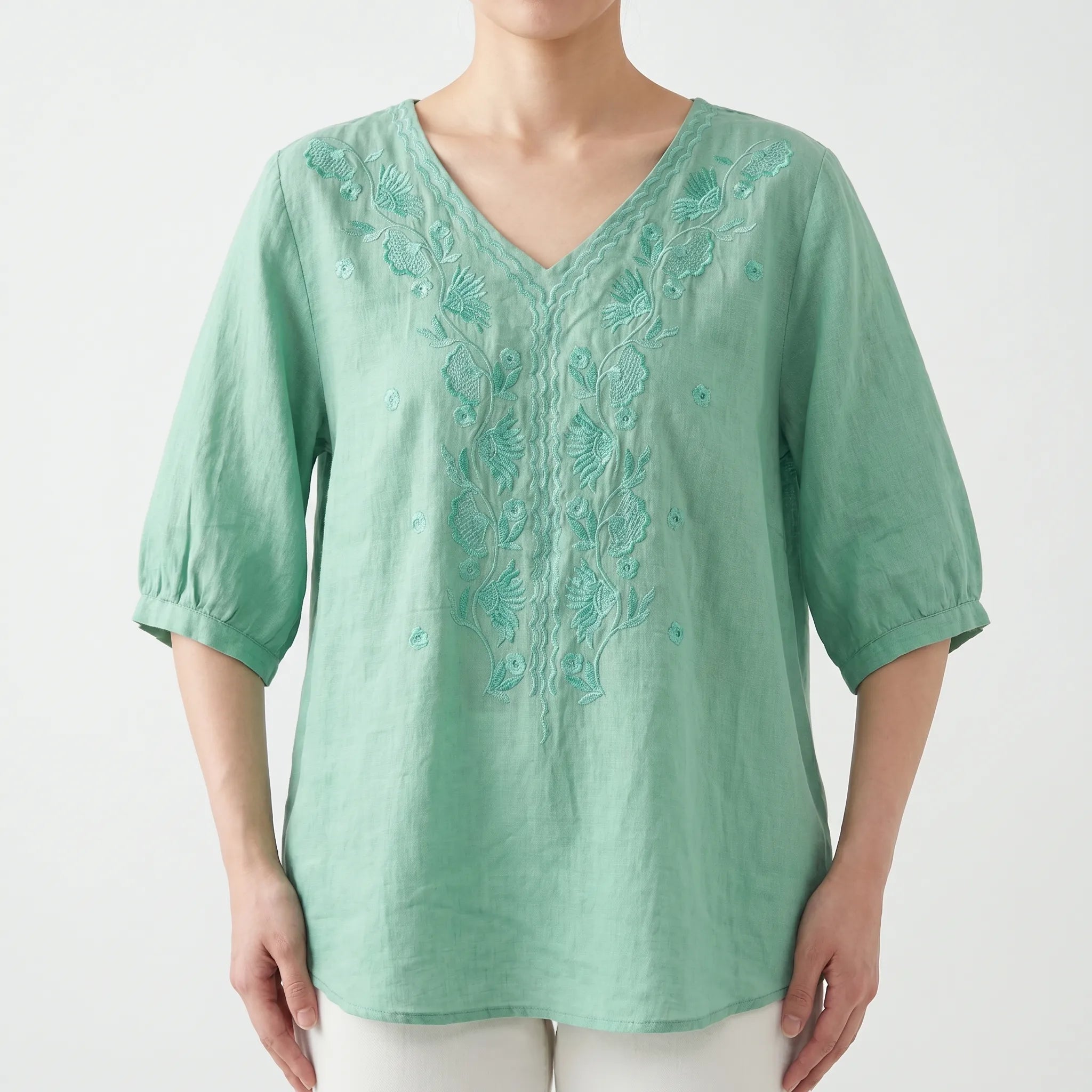 Verdine™ -  Embroidered V-Neck Blouse -  Weekend Casual Wear