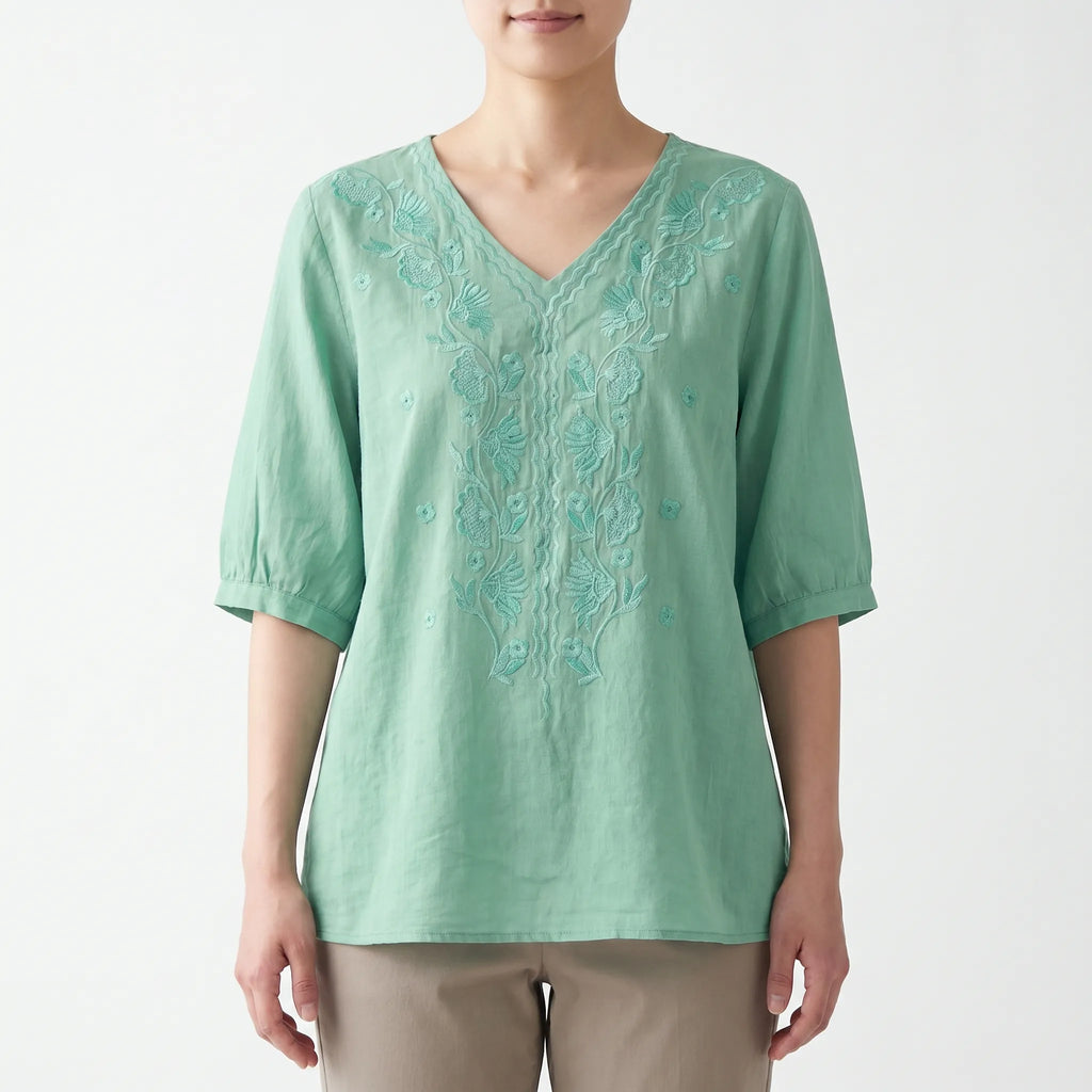 Verdine™ -  Embroidered V-Neck Blouse -  Weekend Casual Wear