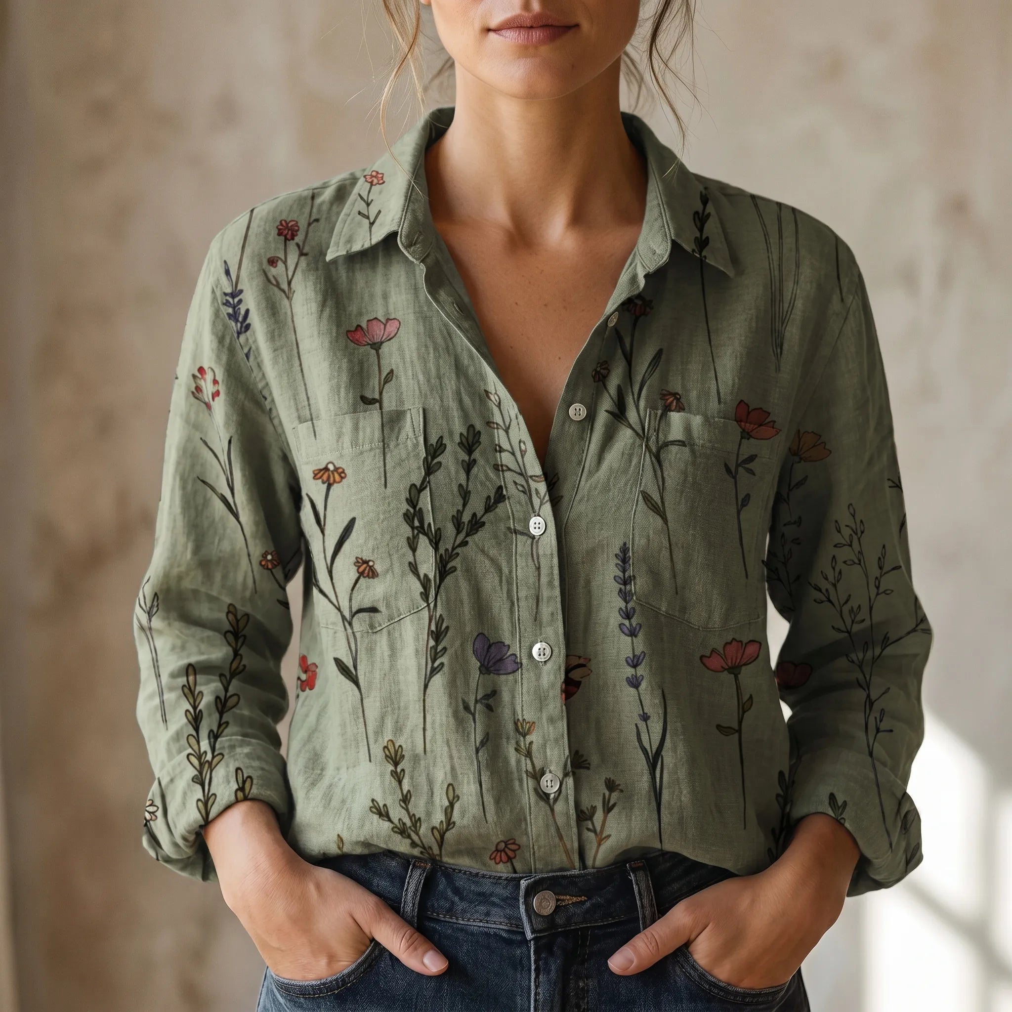 Vintesa™ -  Vintage Print Button-Up Blouse -  Smart-Casual Dressing