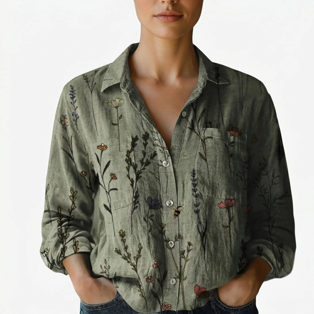 Vintesa™ -  Vintage Print Button-Up Blouse -  Smart-Casual Dressing