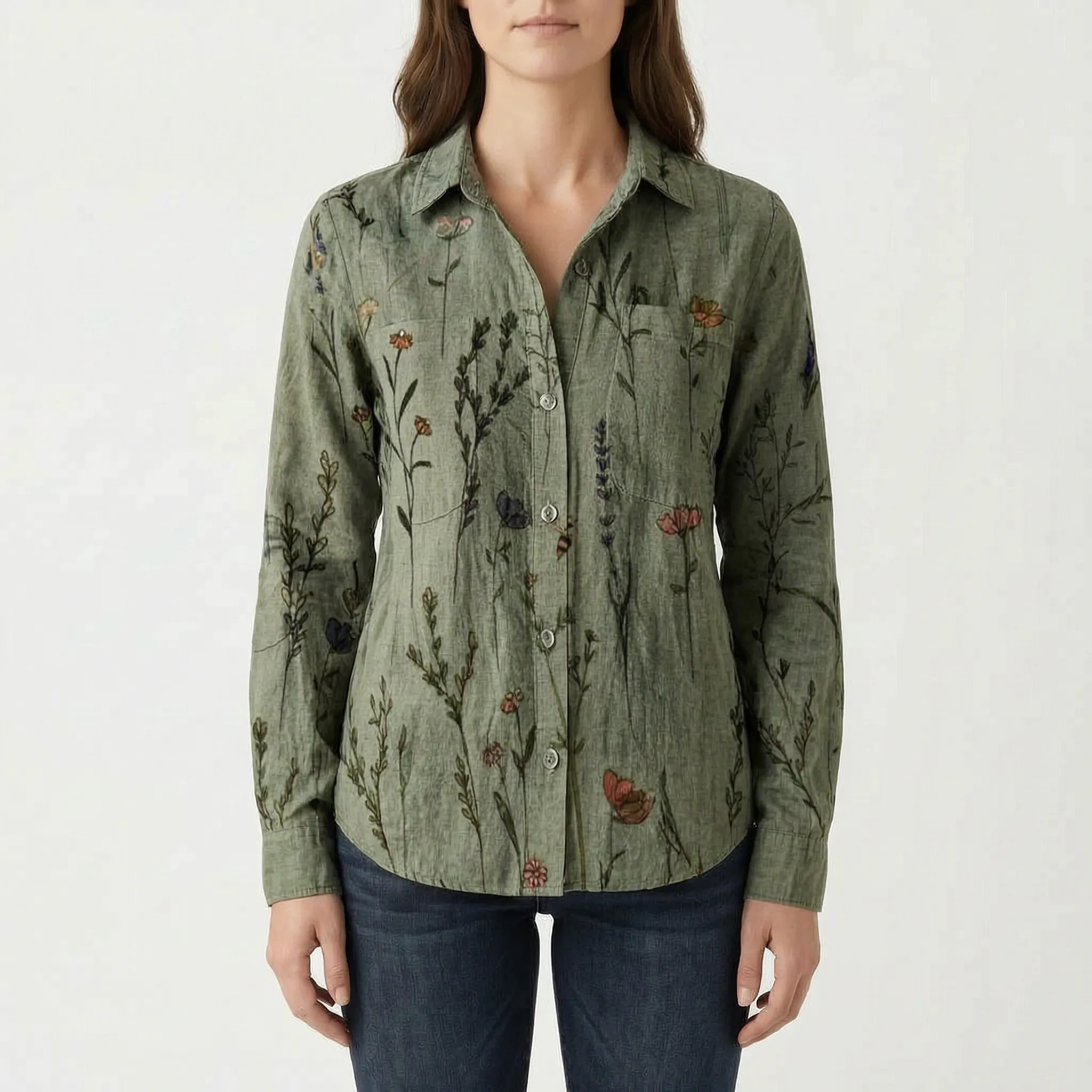 Vintesa™ -  Vintage Print Button-Up Blouse -  Smart-Casual Dressing
