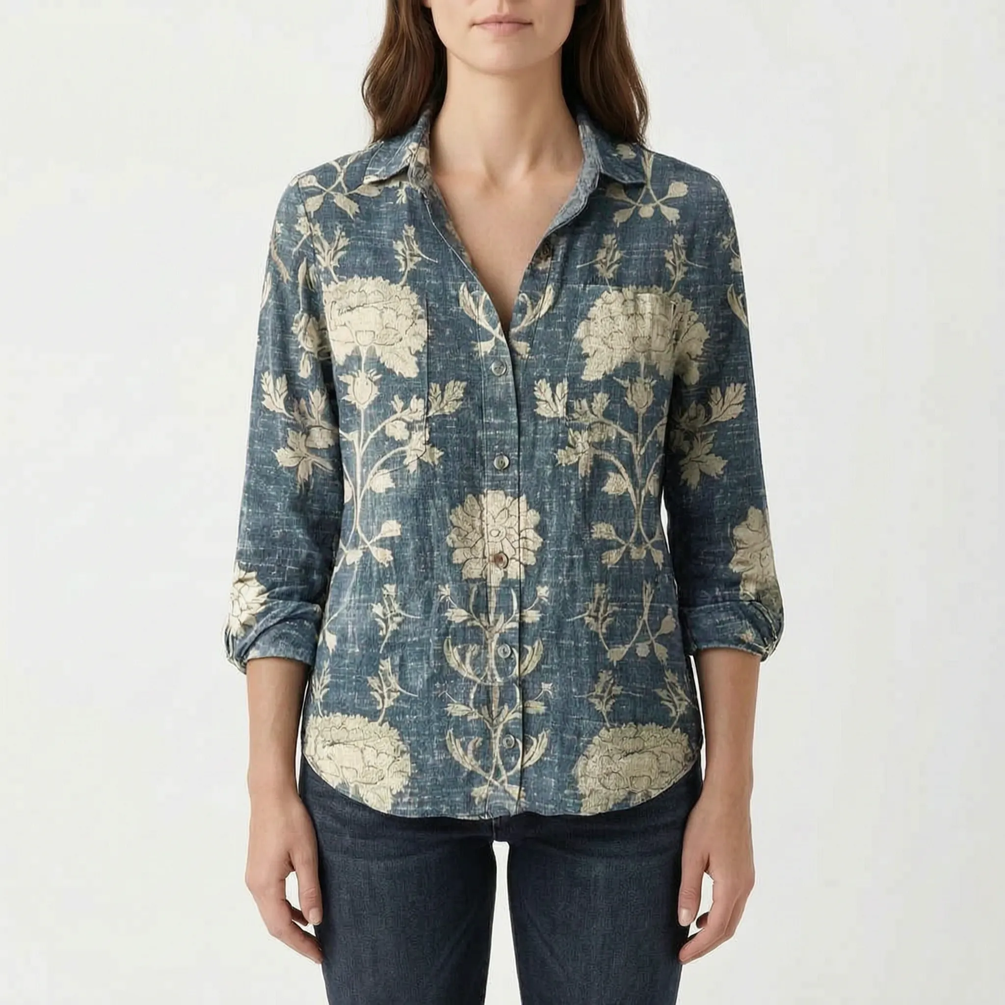 Vintesa™ -  Vintage Print Button-Up Blouse -  Smart-Casual Dressing