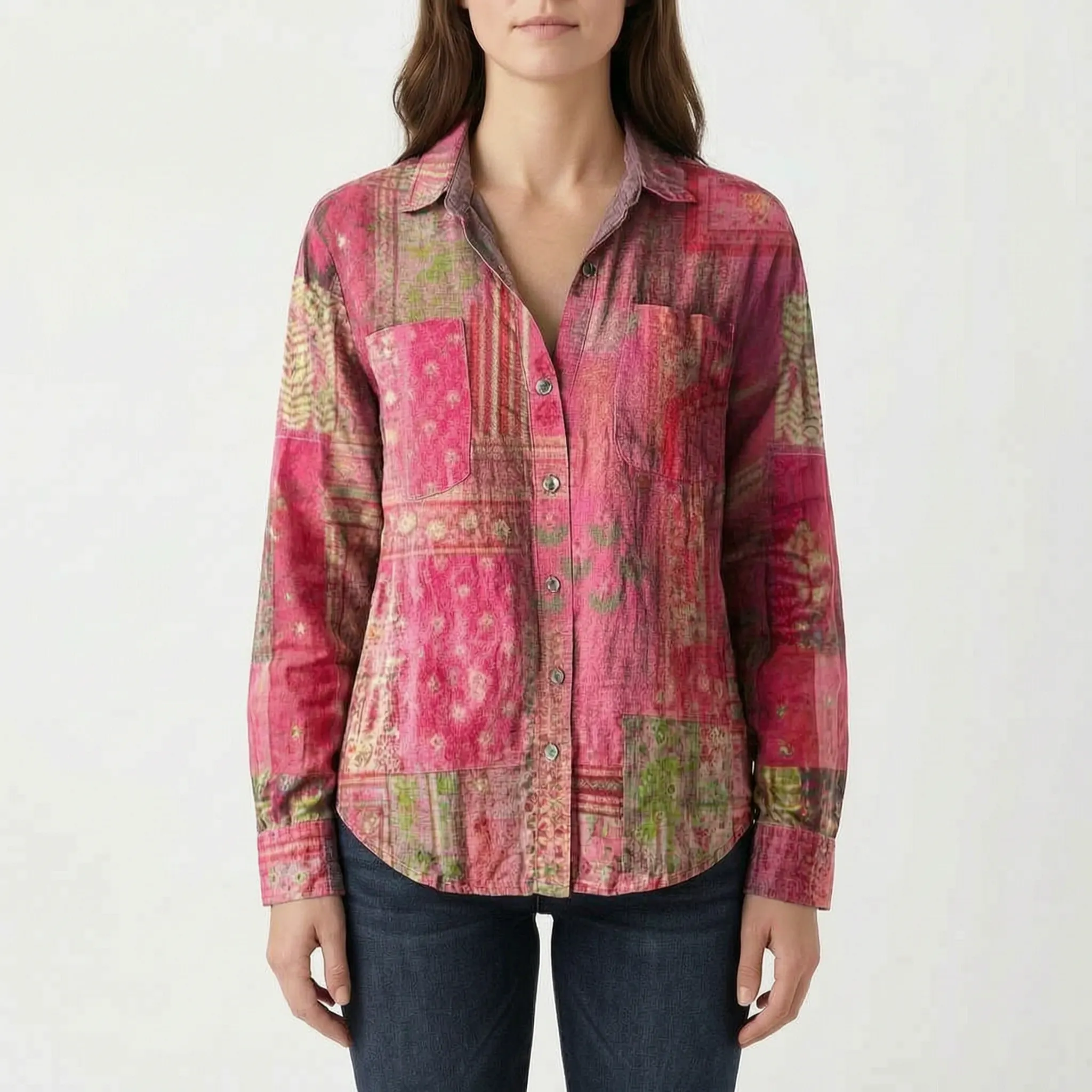Vintesa™ -  Vintage Print Button-Up Blouse -  Smart-Casual Dressing