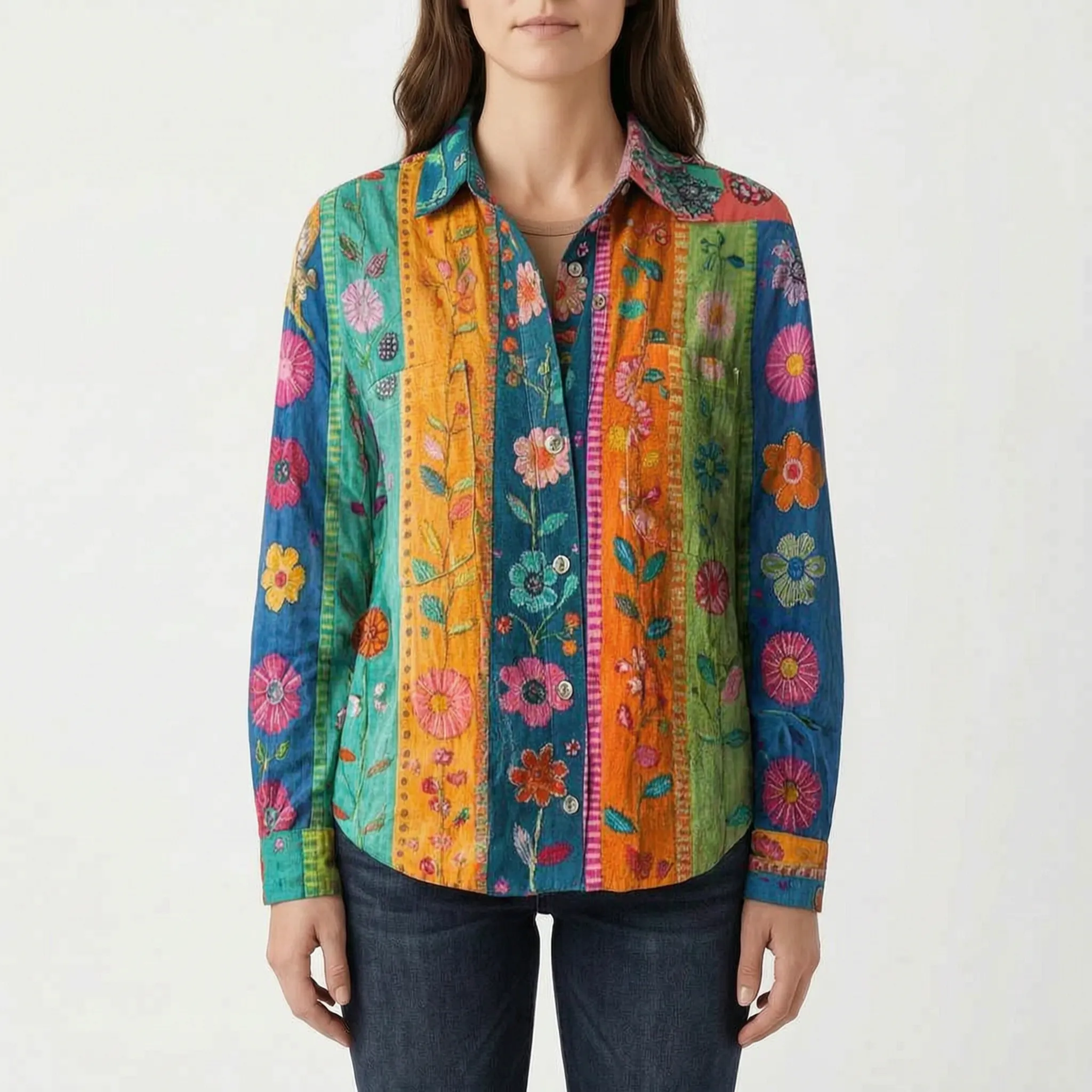 Vintesa™ -  Vintage Print Button-Up Blouse -  Smart-Casual Dressing