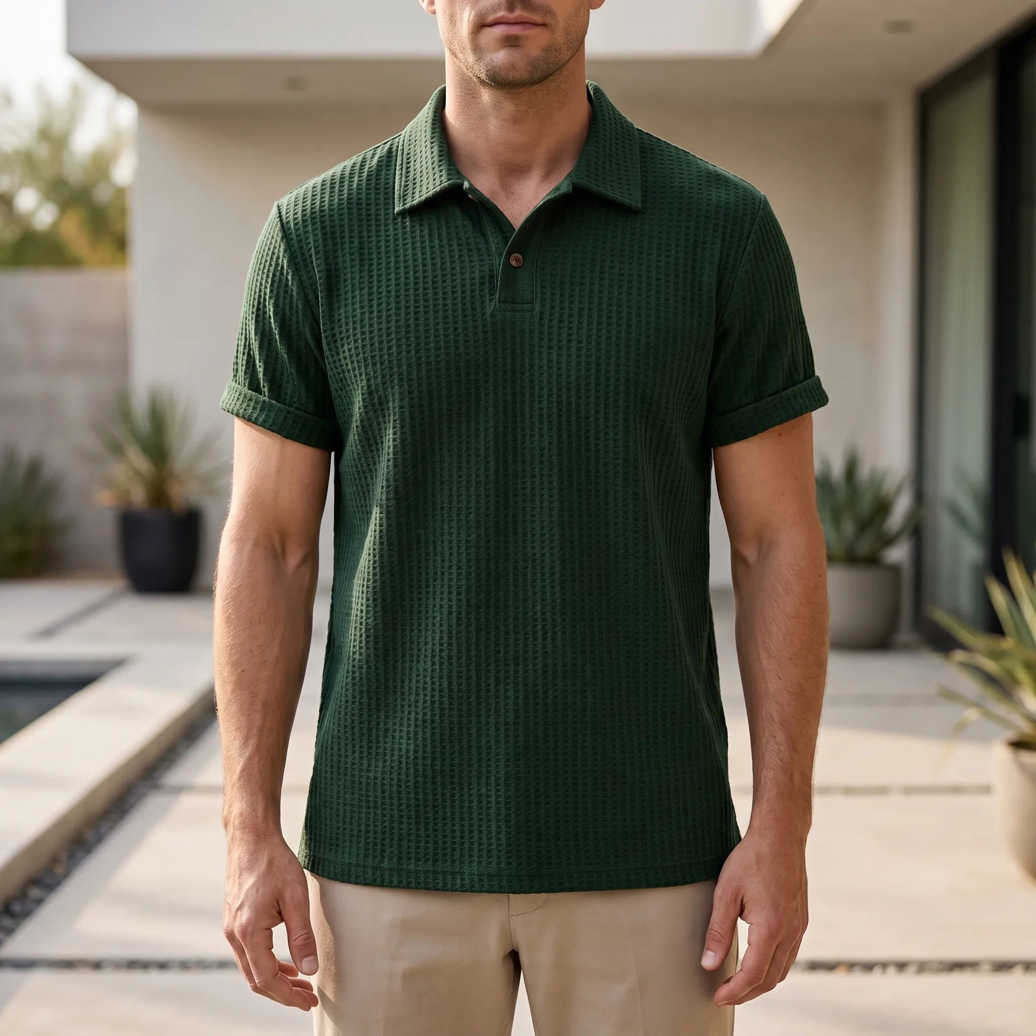 Wafton™ -  Textured Waffle Knit Polo Shirt -  Weekend Casual Wear