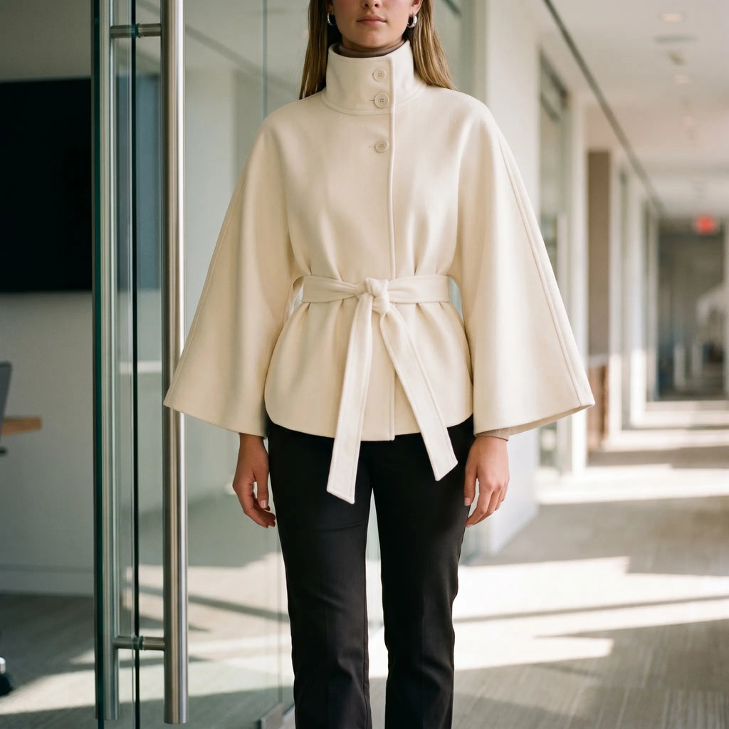 Zelora™ -  Belted High Neck Cape -  Layering Over Dresses