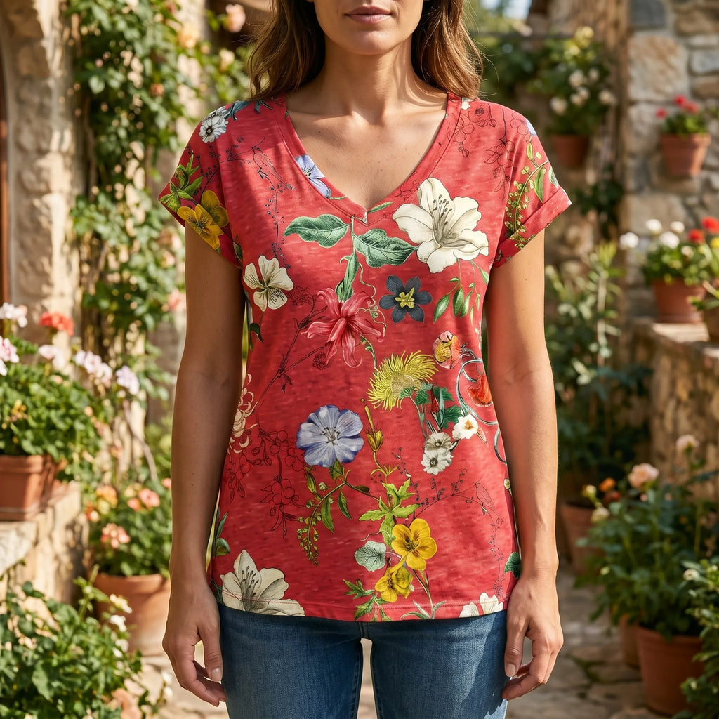 Zinnica™ -  Floral Print V-Neck T-Shirt -  Casual Weekend Wear
