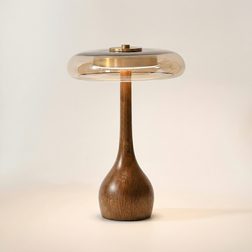 Wooden Table Light with Amber Glass Shade