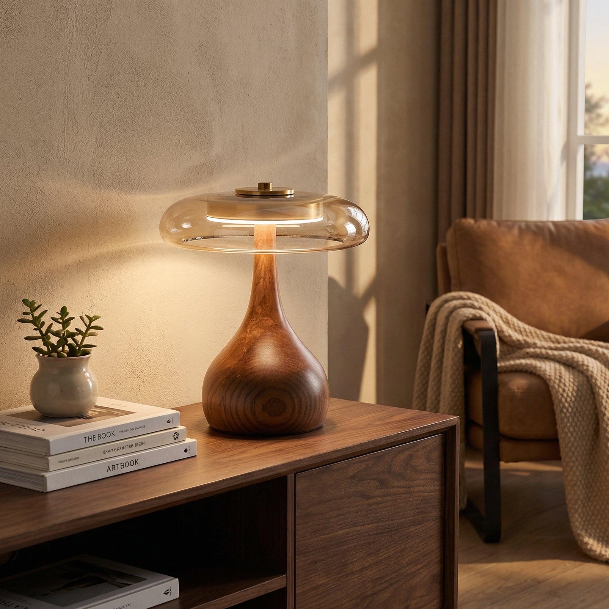 Wooden Table Lamp with Amber Glass Shade