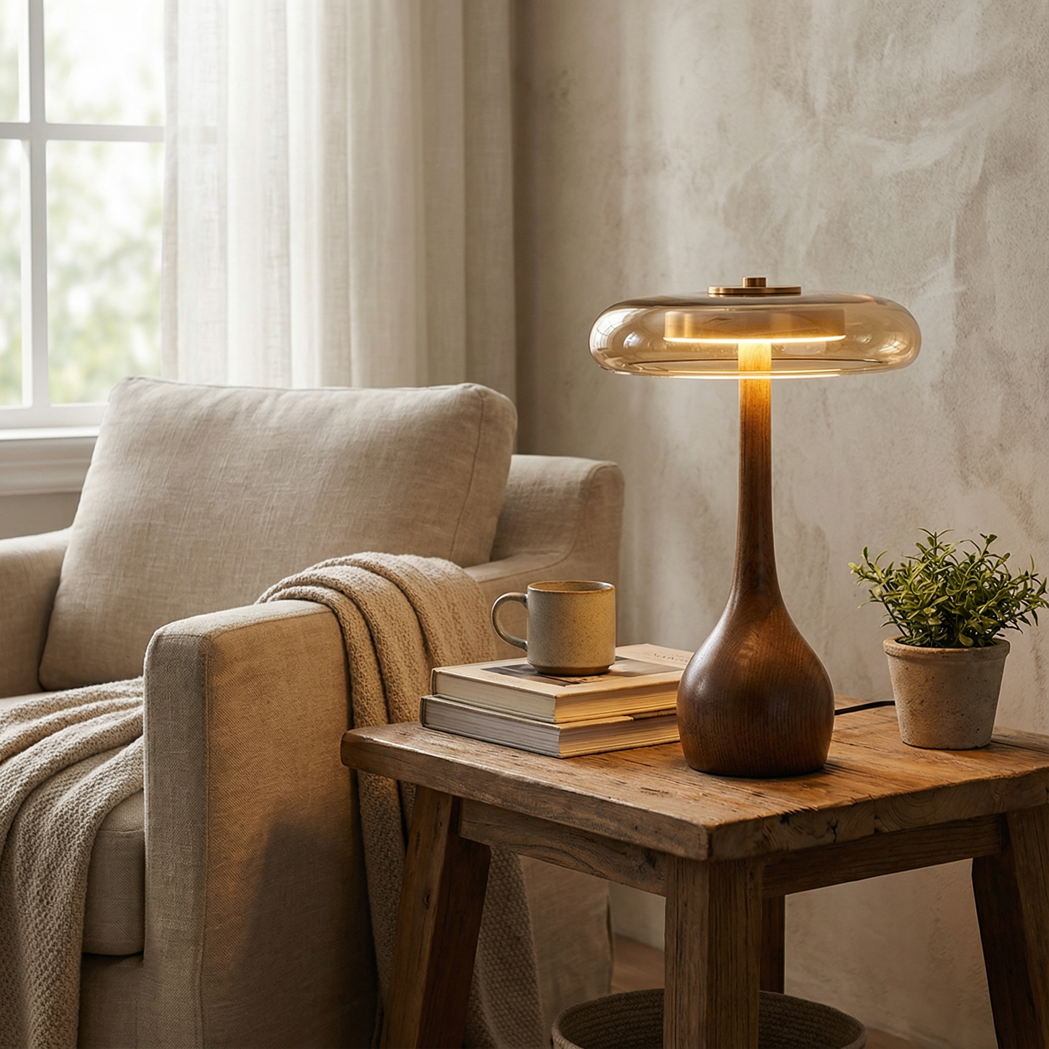 Wooden Table Lamp with Amber Glass Shade