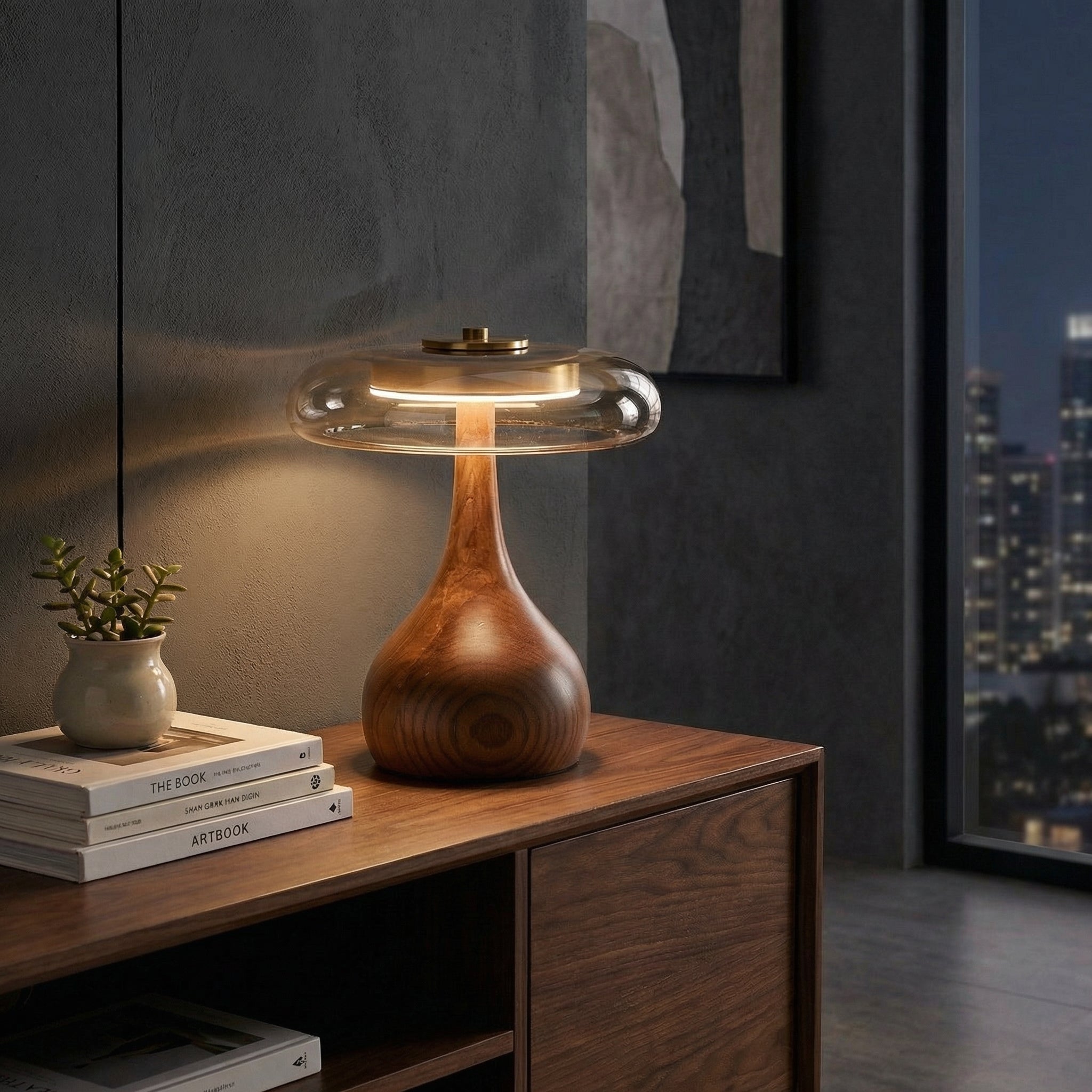 Wooden Table Light with Amber Glass Shade