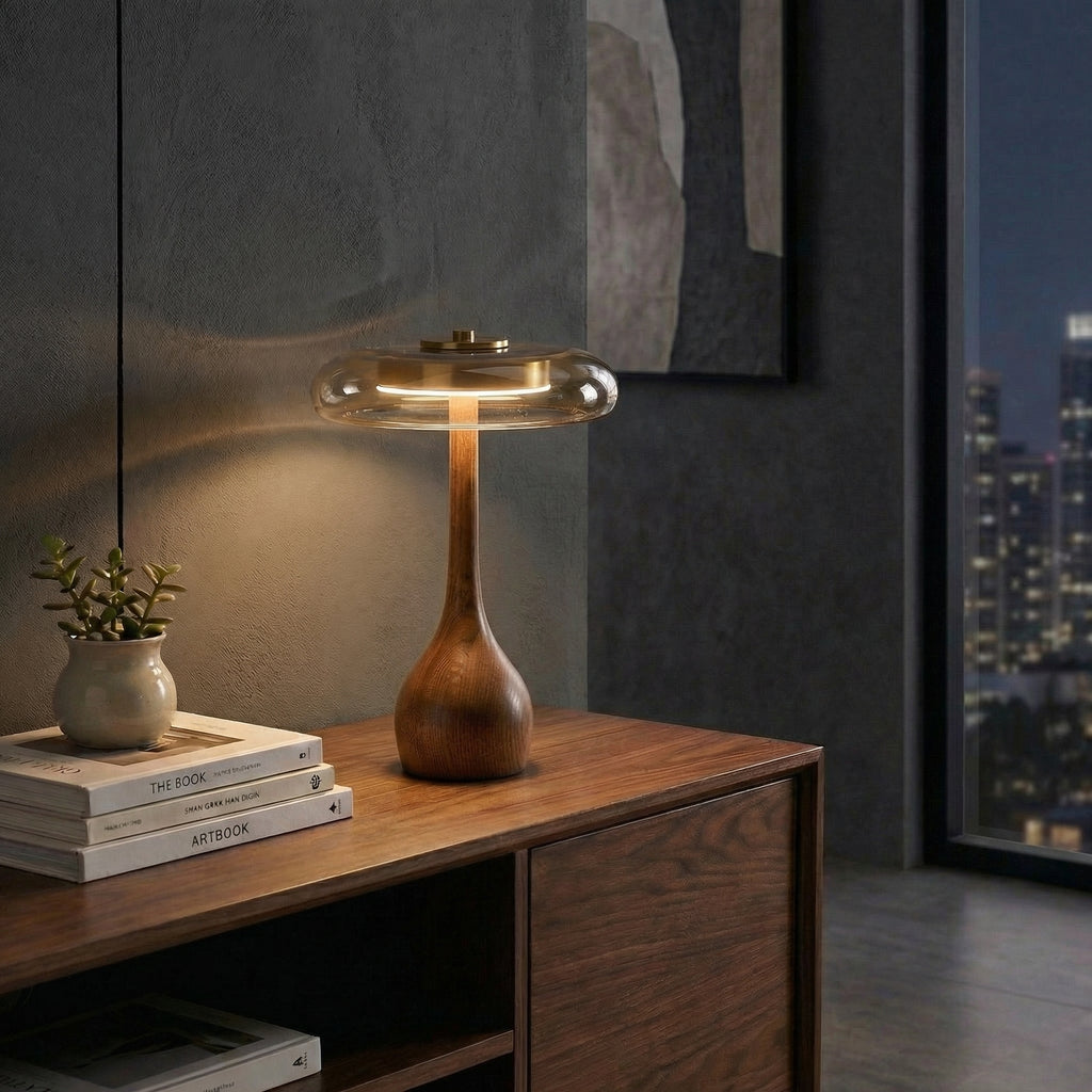 Wooden Table Light with Amber Glass Shade