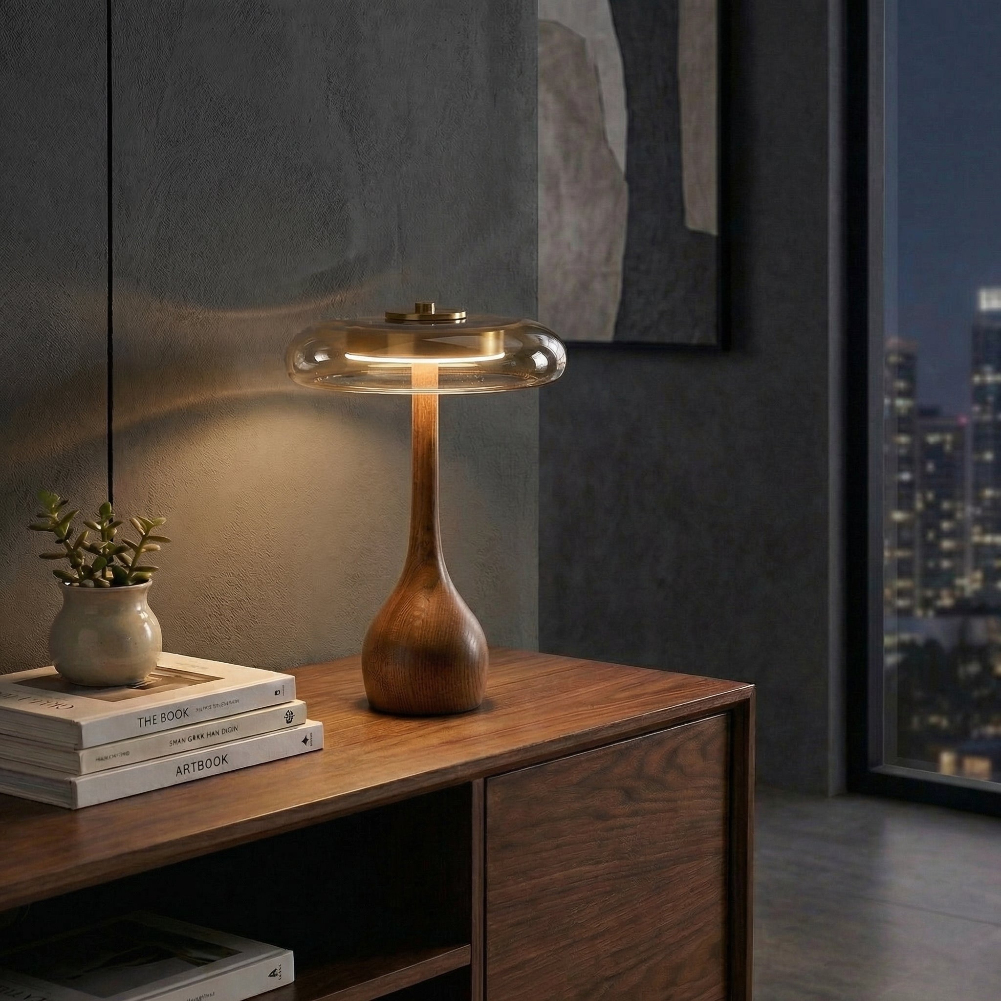 Wooden Table Light with Amber Glass Shade