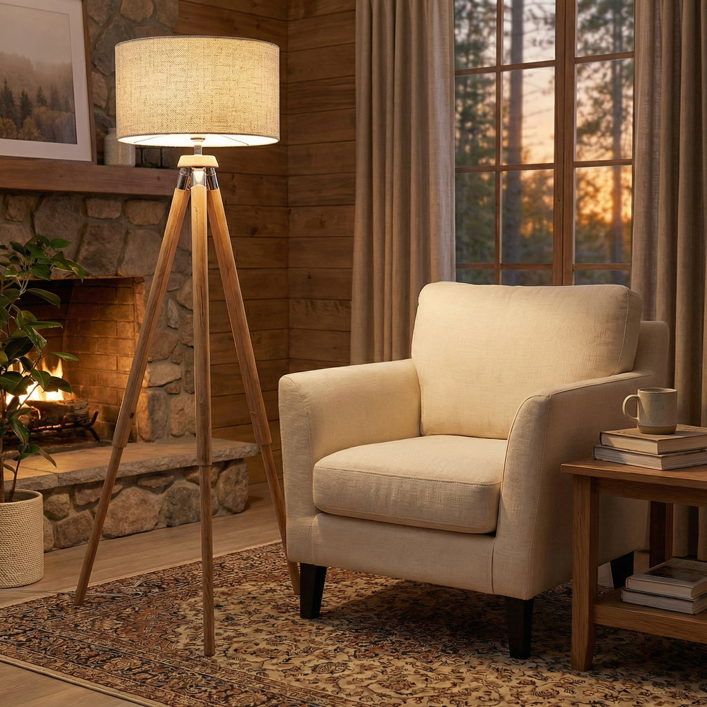 Nordic Wooden Tripod Floor Lamp with Fabric Shade