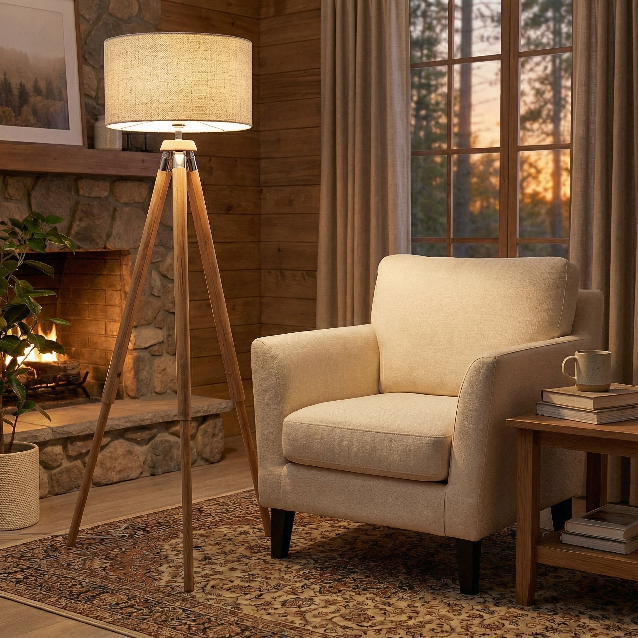 Nordic Wooden Tripod Floor Lamp with Fabric Shade