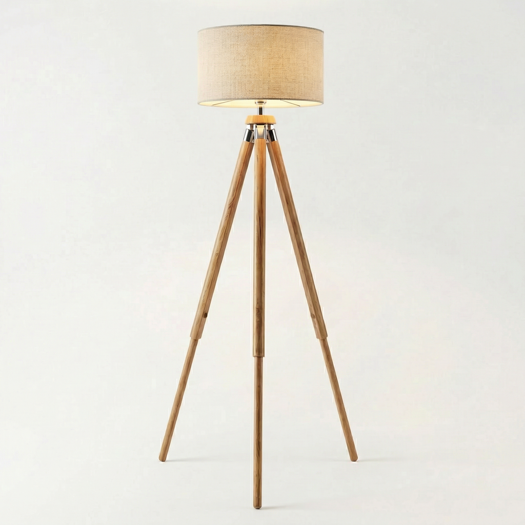 Nordic Wooden Tripod Floor Lamp with Fabric Shade
