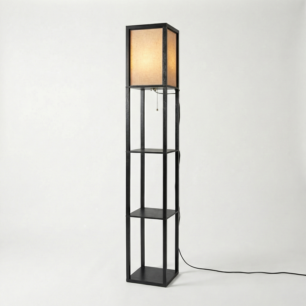 Floor Lamp with Fabric Shade and Integrated Storage Shelves